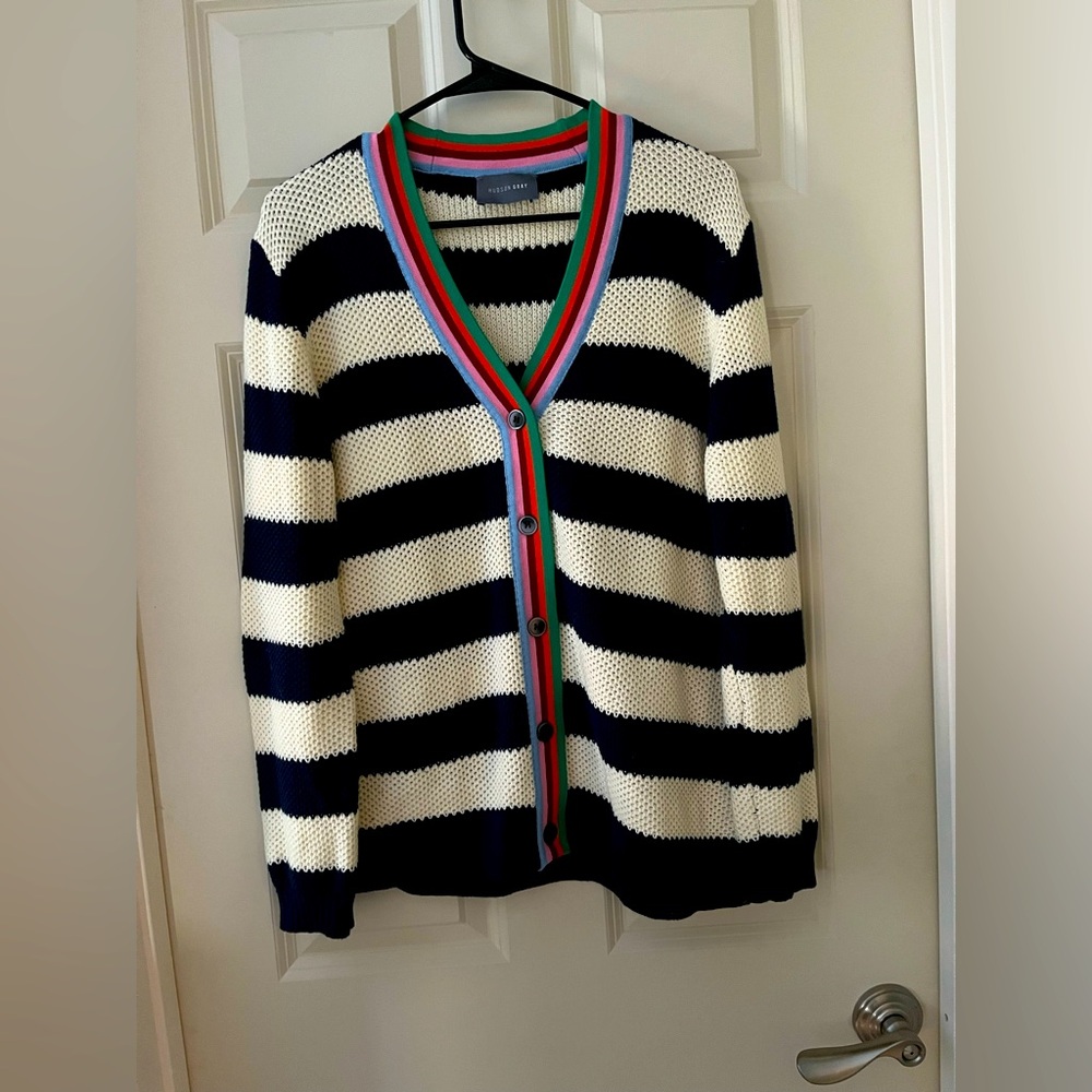 Women’s Hudson Gray Navy & white striped cardigan with rainbow ribbon trim M